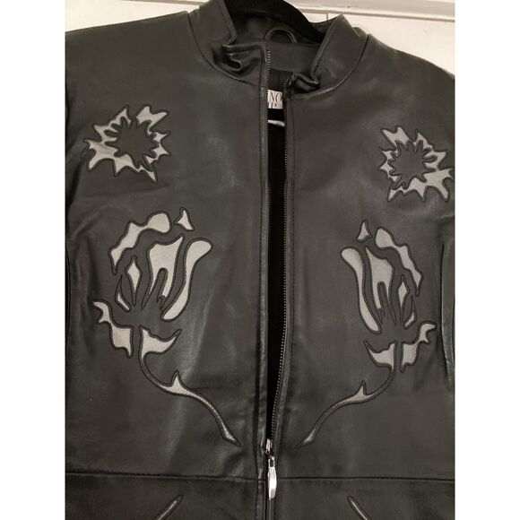 Nolan Miller Stiff Leather Jacket Glamour Women’s Large Black & Gray Embroidery - Picture 6 of 9